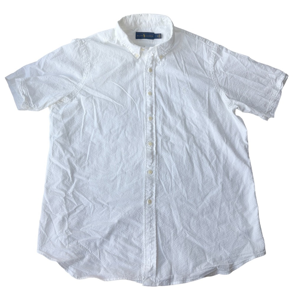 Ralph Lauren Short Sleeve‎ Seersucker Button Up Shirt Mens Sz XL White Pony Clsc